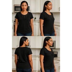 Jodi Arnold for The Limited Black Beaded Necklace Scoop Neck Cuffed Sleeve Top L